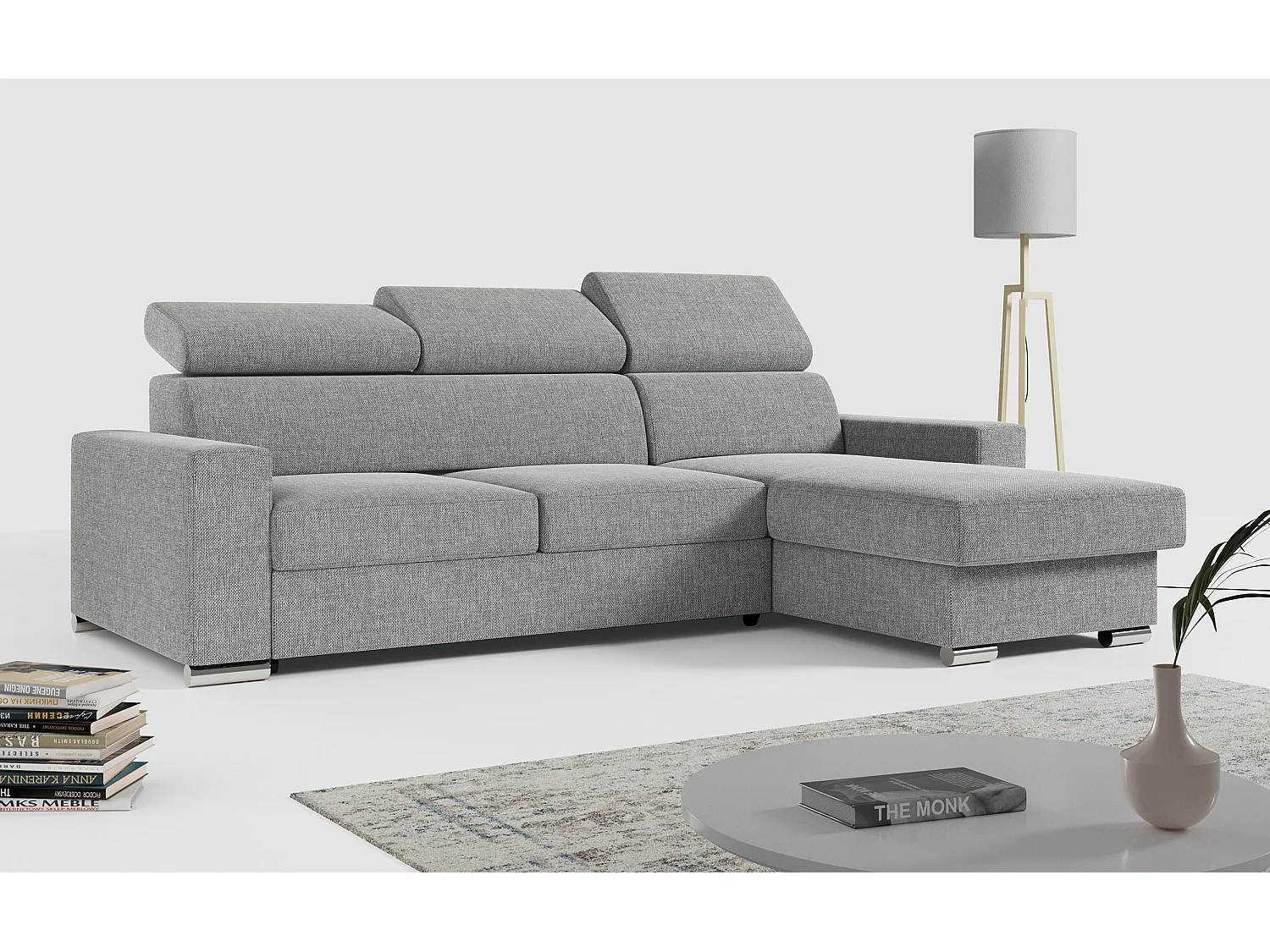 Ecksofa FOX, L-förmige Ecke, Schlaffunktion und Bettkasten, verstellbare Kopfstützen - Grau Stukture