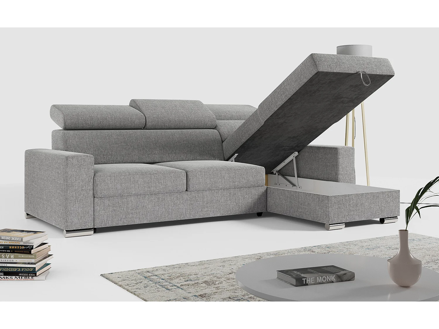 Ecksofa FOX, L-förmige Ecke, Schlaffunktion und Bettkasten, verstellbare Kopfstützen - Grau Stukture