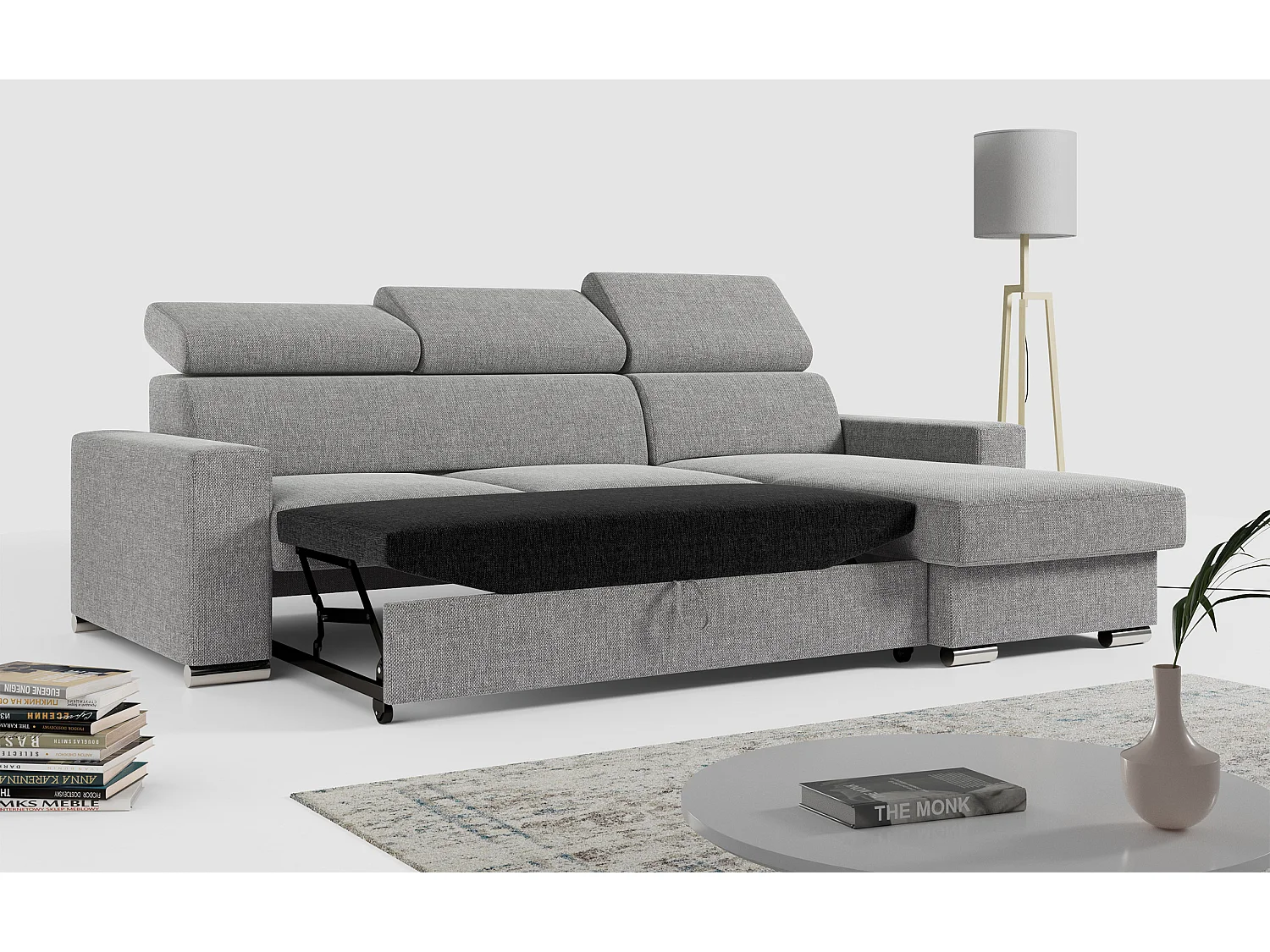 Ecksofa FOX, L-förmige Ecke, Schlaffunktion und Bettkasten, verstellbare Kopfstützen - Grau Stukture