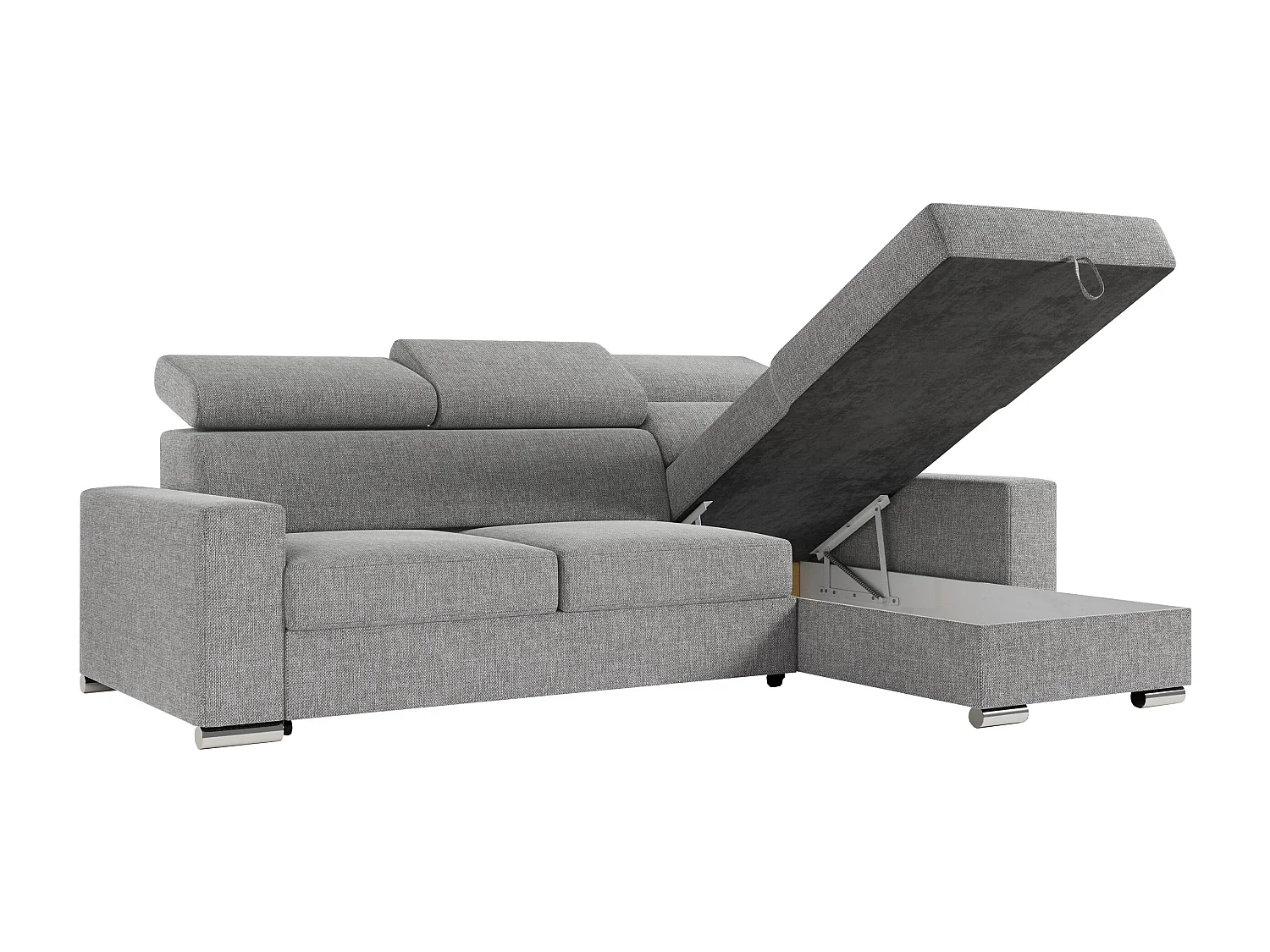 Ecksofa FOX, L-förmige Ecke, Schlaffunktion und Bettkasten, verstellbare Kopfstützen - Grau Stukture