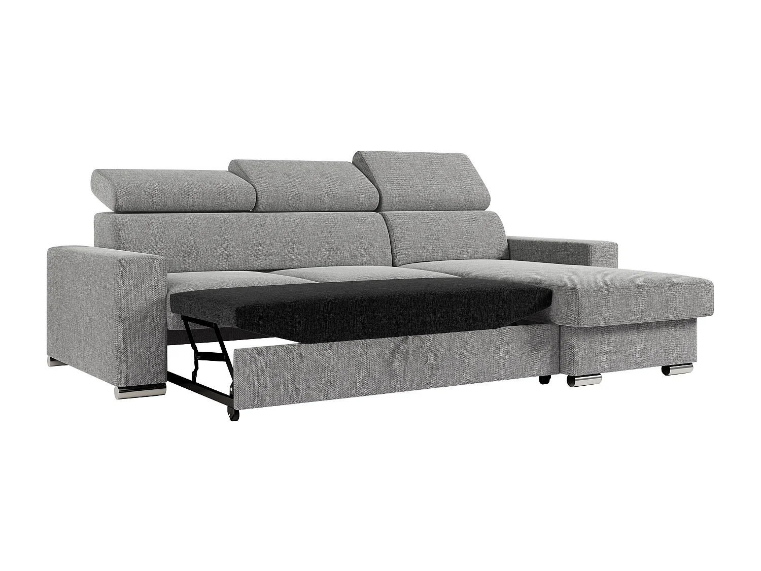 Ecksofa FOX, L-förmige Ecke, Schlaffunktion und Bettkasten, verstellbare Kopfstützen - Grau Stukture