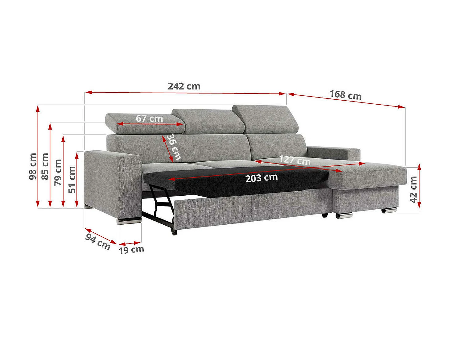 Ecksofa FOX, L-förmige Ecke, Schlaffunktion und Bettkasten, verstellbare Kopfstützen - Grau Stukture