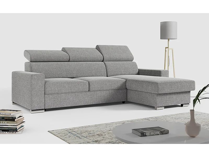 Ecksofa FOX, L-förmige Ecke, Schlaffunktion und Bettkasten, verstellbare Kopfstützen - Grau Stukture