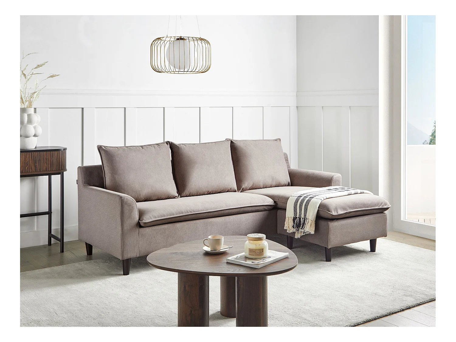 Canapé d'Angle à droite Moderne en Tissu avec Pieds en Bois Massif Polyester Taupe Elvenes