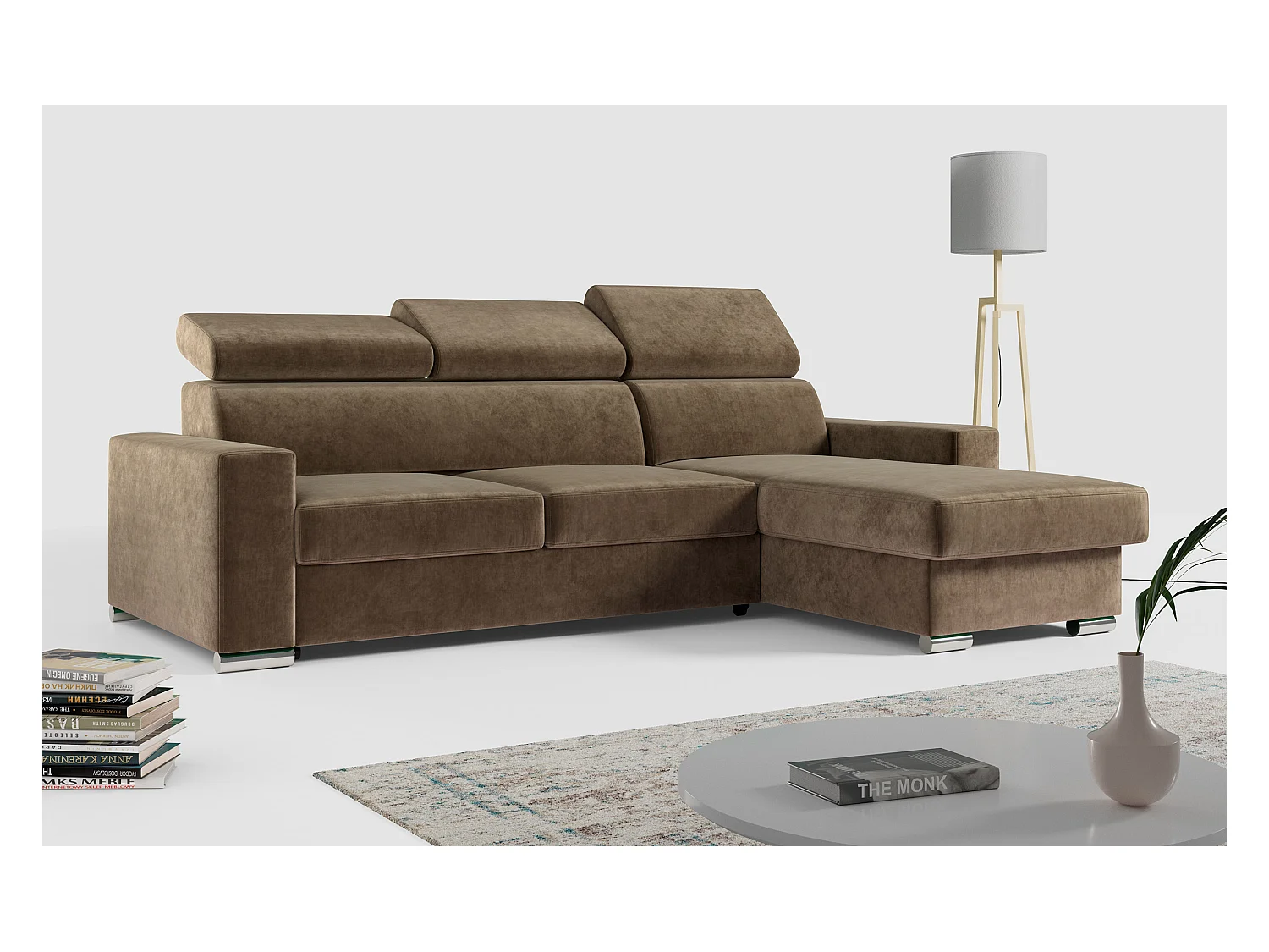 Ecksofa FOX, L-förmige Ecke, Schlaffunktion und Bettkasten, verstellbare Kopfstützen - Braun Velvet