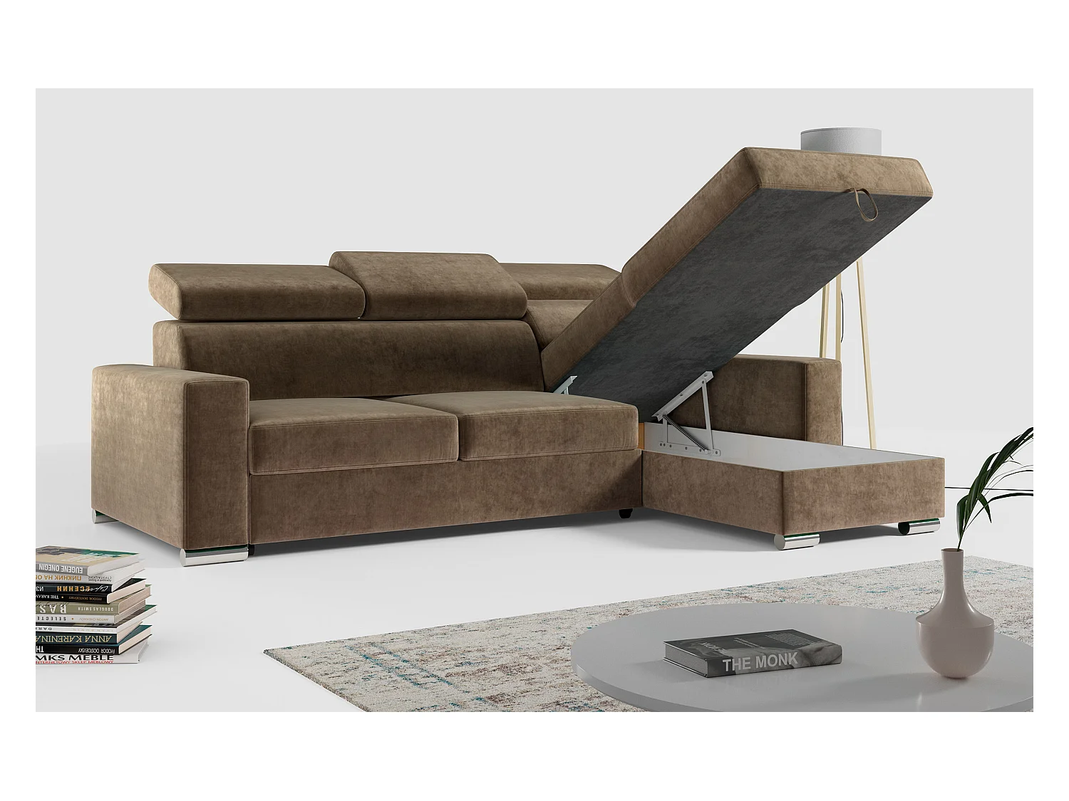 Ecksofa FOX, L-förmige Ecke, Schlaffunktion und Bettkasten, verstellbare Kopfstützen - Braun Velvet