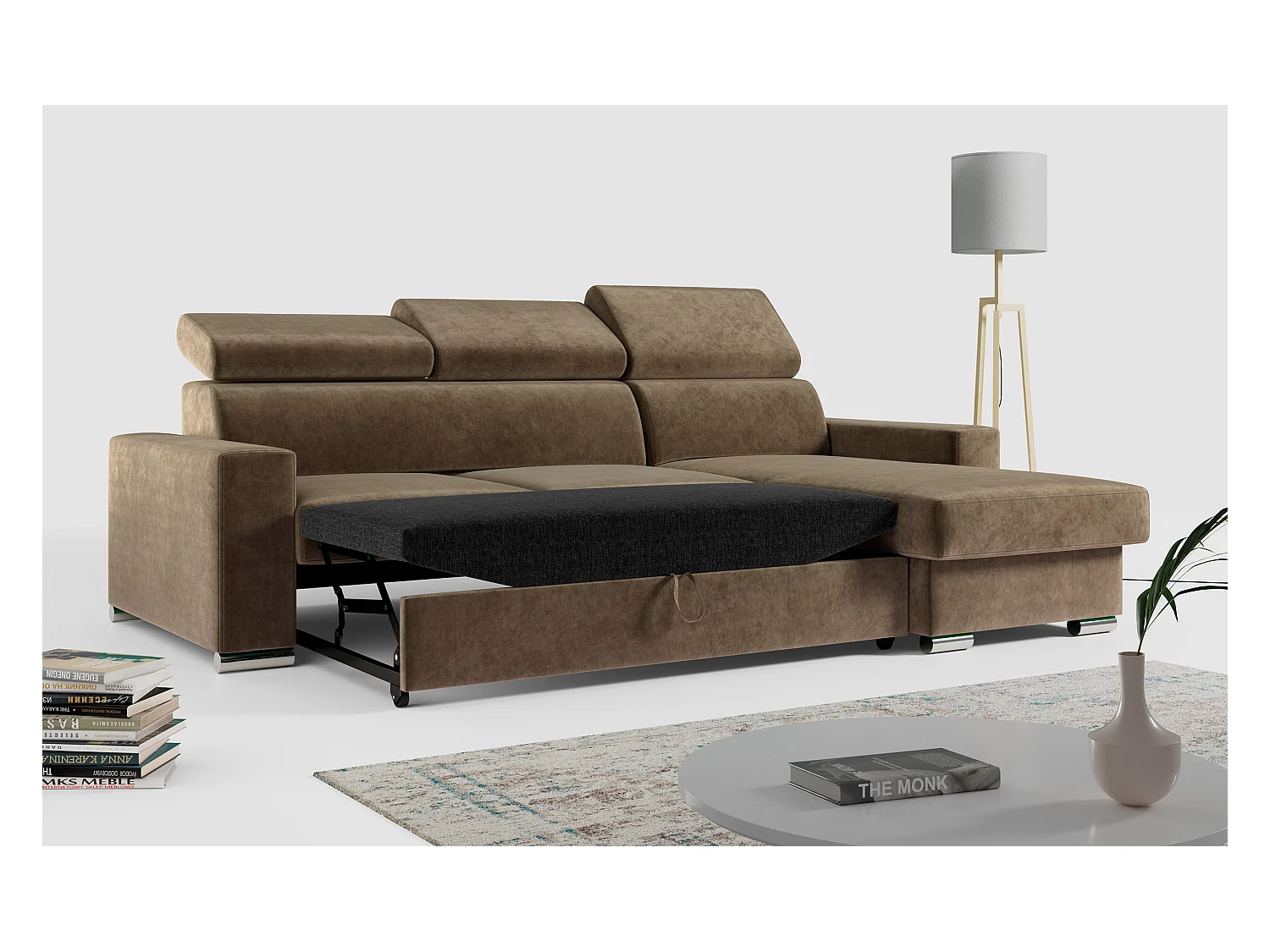 Ecksofa FOX, L-förmige Ecke, Schlaffunktion und Bettkasten, verstellbare Kopfstützen - Braun Velvet