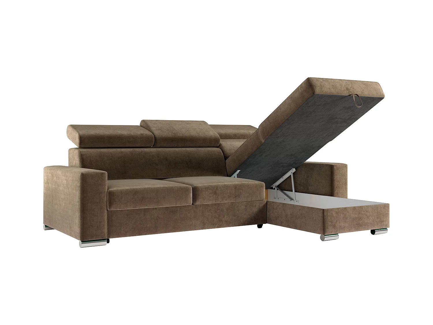 Ecksofa FOX, L-förmige Ecke, Schlaffunktion und Bettkasten, verstellbare Kopfstützen - Braun Velvet