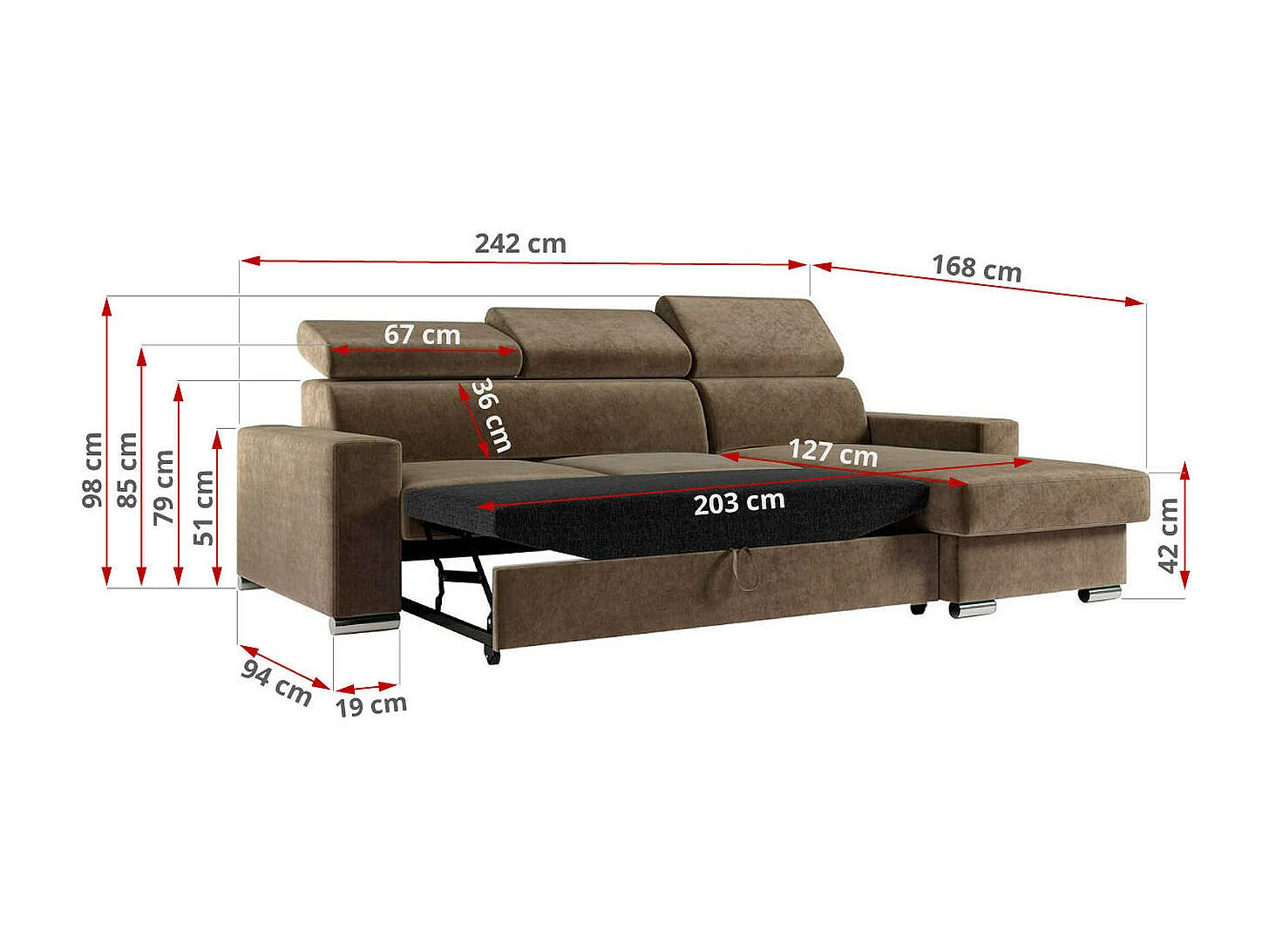 Ecksofa FOX, L-förmige Ecke, Schlaffunktion und Bettkasten, verstellbare Kopfstützen - Braun Velvet