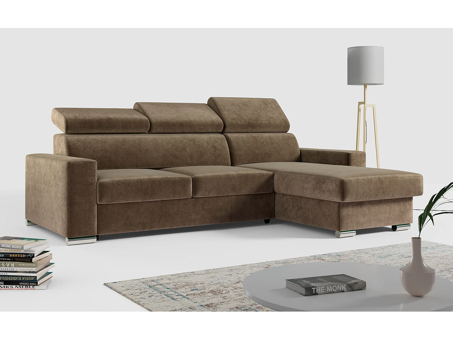 Ecksofa FOX, L-förmige Ecke, Schlaffunktion und Bettkasten, verstellbare Kopfstützen - Braun Velvet