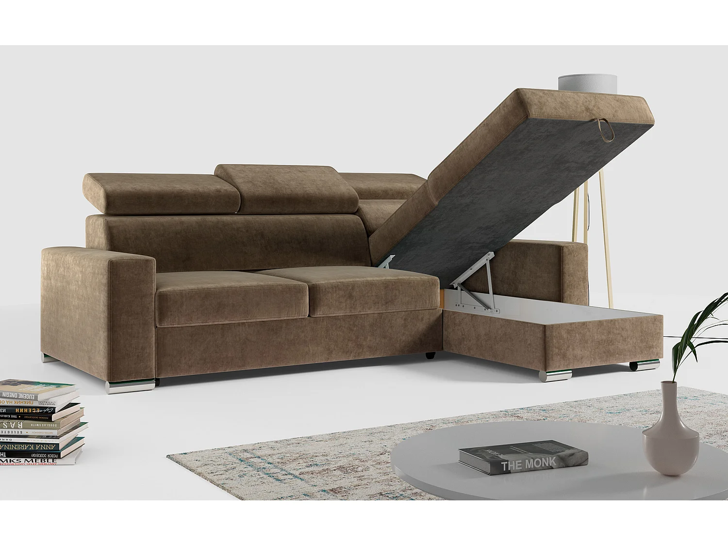 Ecksofa FOX, L-förmige Ecke, Schlaffunktion und Bettkasten, verstellbare Kopfstützen - Braun Velvet