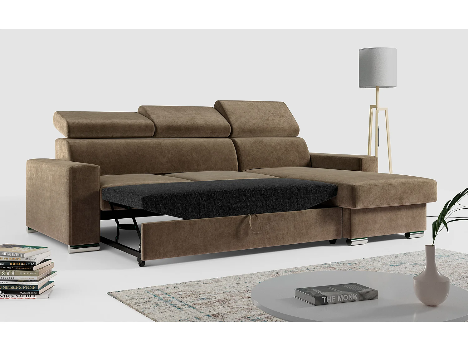 Ecksofa FOX, L-förmige Ecke, Schlaffunktion und Bettkasten, verstellbare Kopfstützen - Braun Velvet