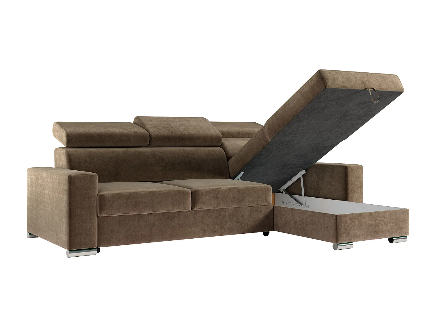 Ecksofa FOX, L-förmige Ecke, Schlaffunktion und Bettkasten, verstellbare Kopfstützen - Braun Velvet