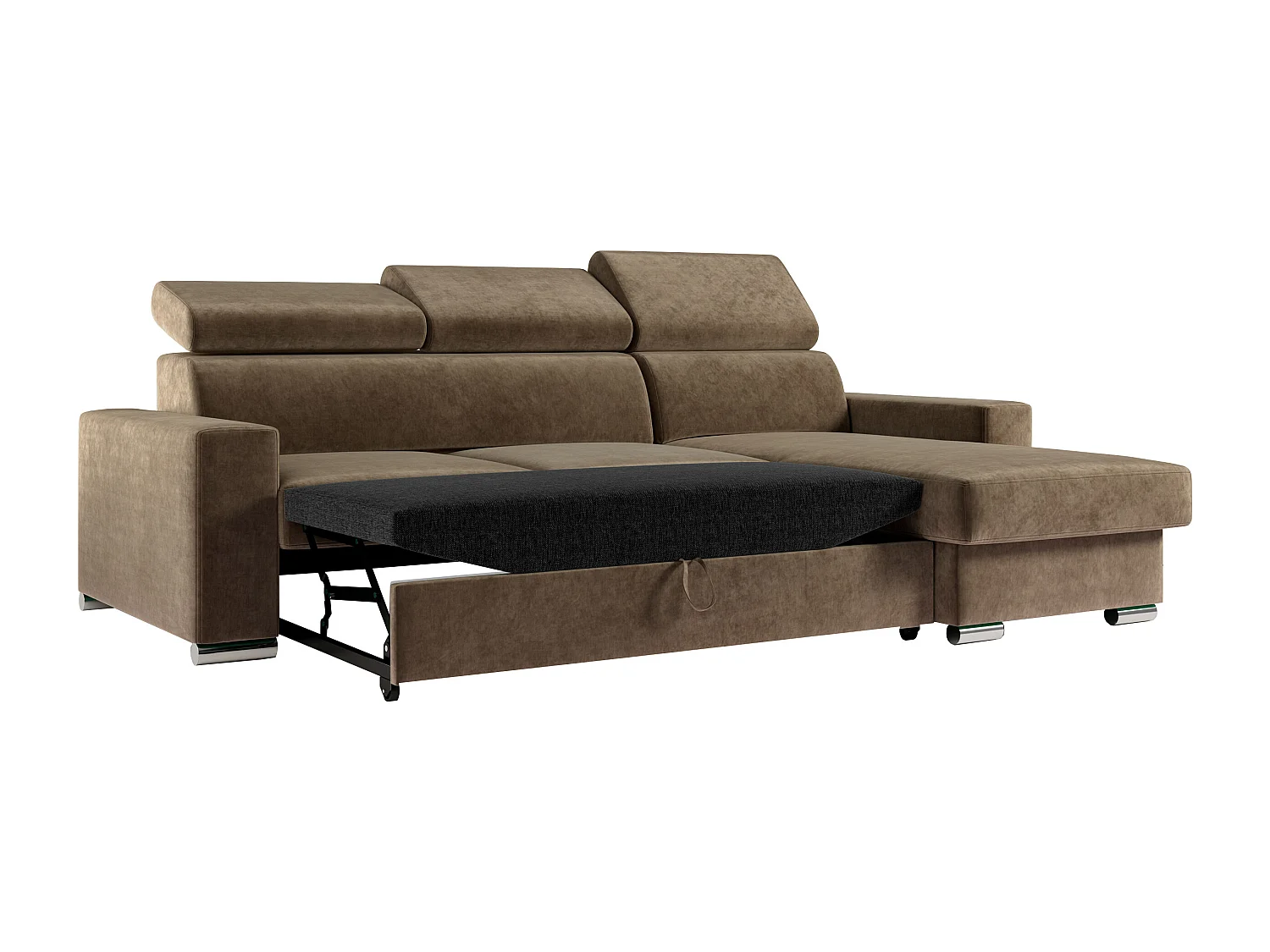 Ecksofa FOX, L-förmige Ecke, Schlaffunktion und Bettkasten, verstellbare Kopfstützen - Braun Velvet