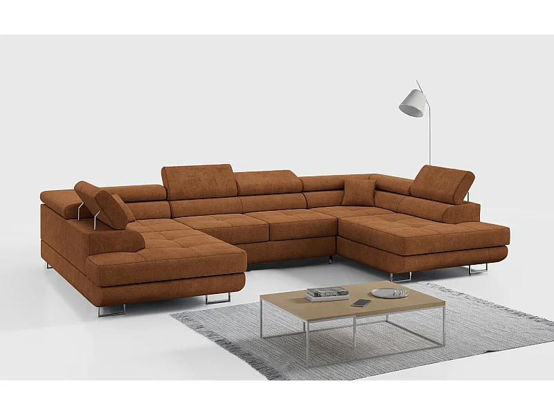 Ecksofa GUSTAW U, mit Schlaffunktion, Großes U-form ecksofa, XXL Wohnlandschaft, verstellbare Kopfstützen - Orange Strukture