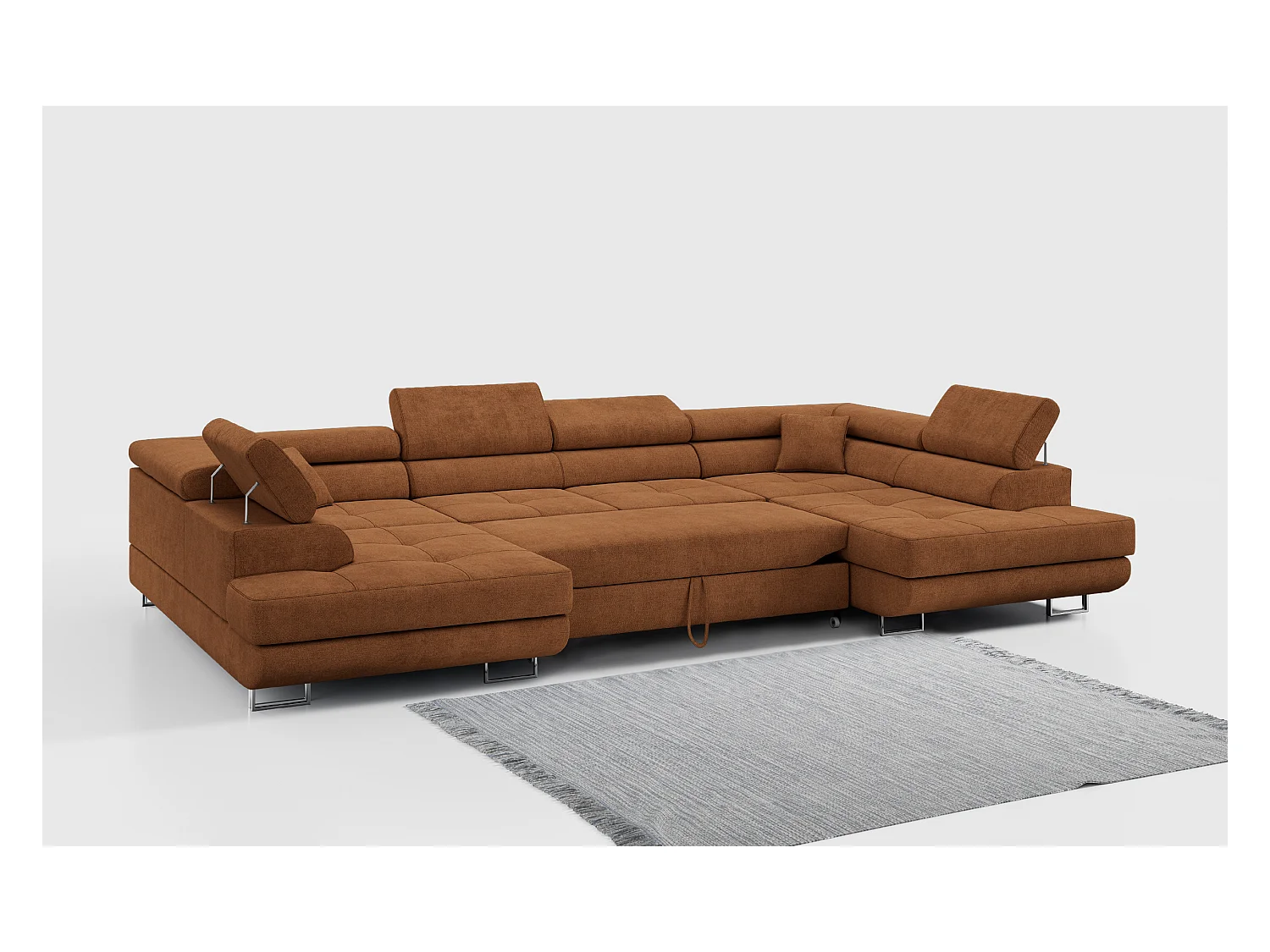 Ecksofa GUSTAW U, mit Schlaffunktion, Großes U-form ecksofa, XXL Wohnlandschaft, verstellbare Kopfstützen - Orange Strukture