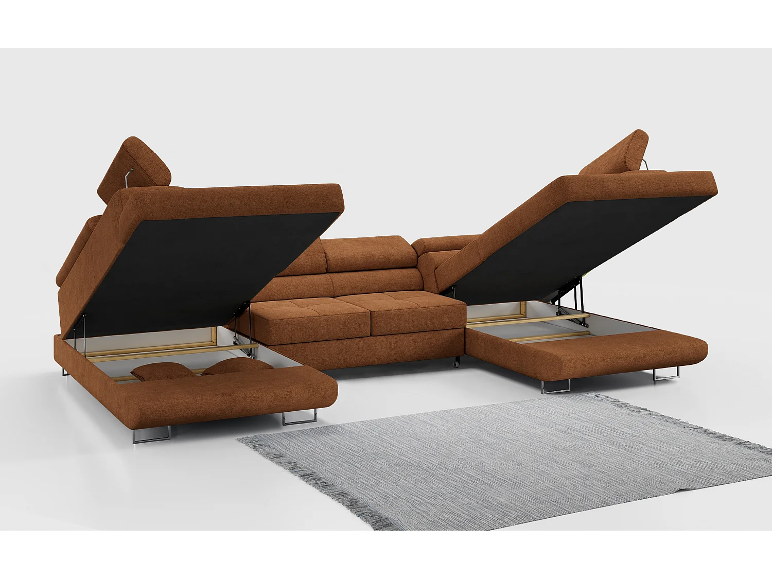 Ecksofa GUSTAW U, mit Schlaffunktion, Großes U-form ecksofa, XXL Wohnlandschaft, verstellbare Kopfstützen - Orange Strukture