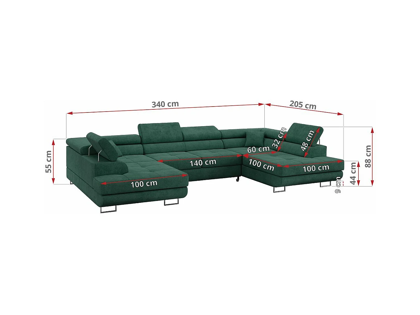 Ecksofa GUSTAW U, mit Schlaffunktion, Großes U-form ecksofa, XXL Wohnlandschaft, verstellbare Kopfstützen - Grün Strukture