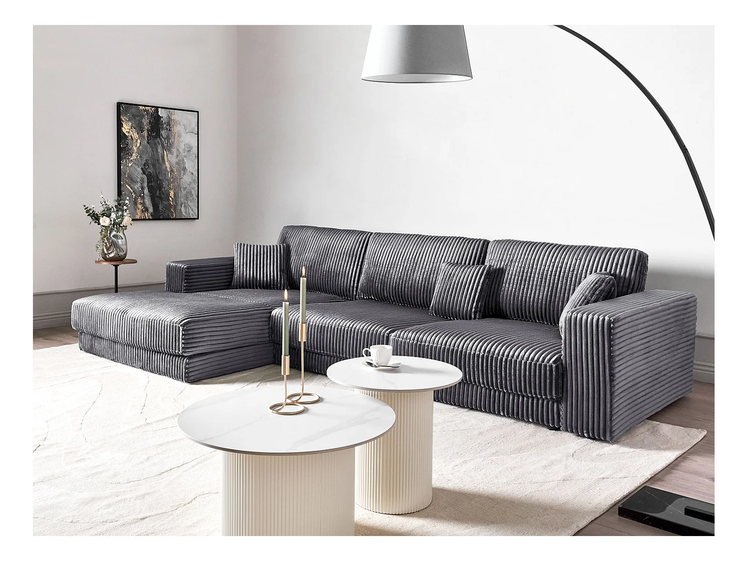 Canapé d'Angle à gauche 4 Places Minimaliste Velours Côtelé avec Coussins Supplémentaires Gris Foncé Lofoten