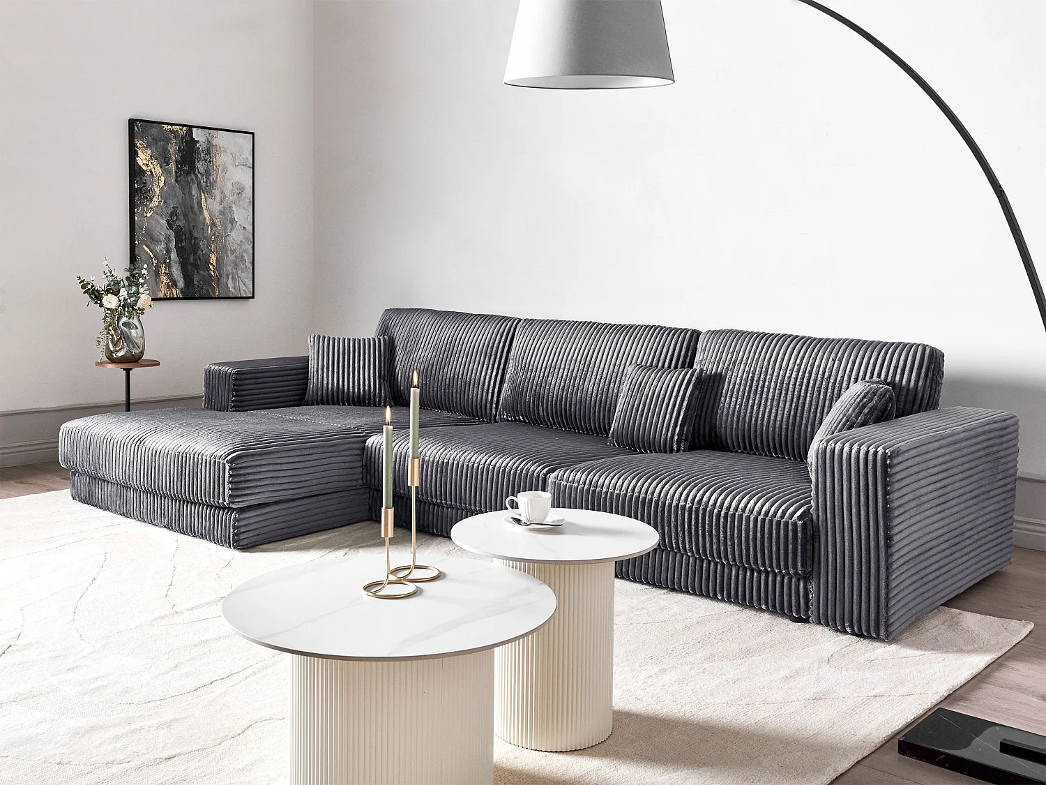 Ecksofa LOFOTEN Cord Dunkelgrau 4-Sitzer rechtsseitig