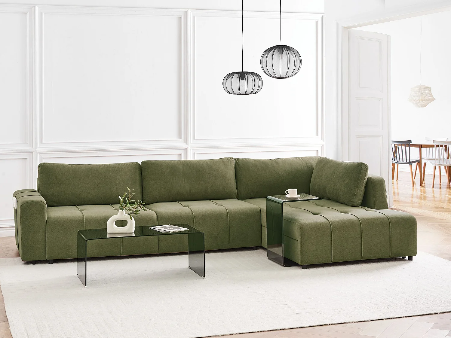 Ecksofa rechtsseitig Stoff grün 4-Sitzer mit Schlaffunktion Stauraum Innvik