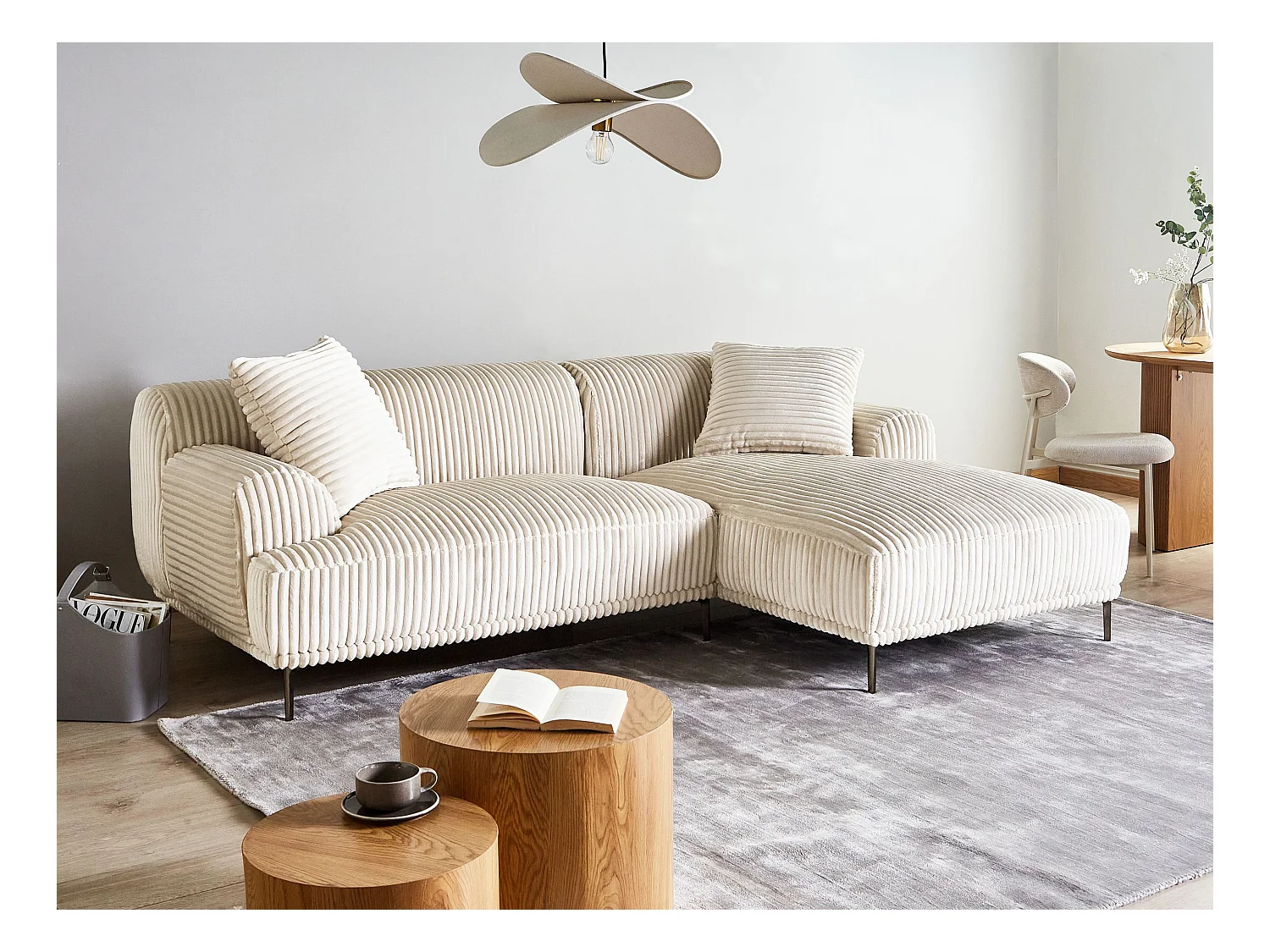 Canapé d'Angle à droite en Velours Côtelé 3 Places Blanc Cassé Stenum