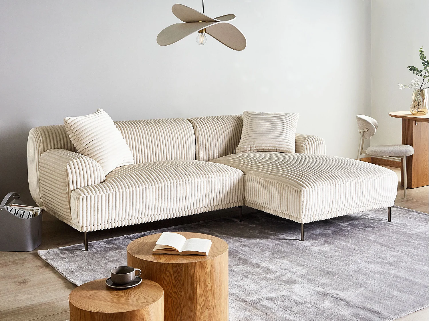 Canapé d'Angle à droite en Velours Côtelé 3 Places Blanc Cassé Stenum