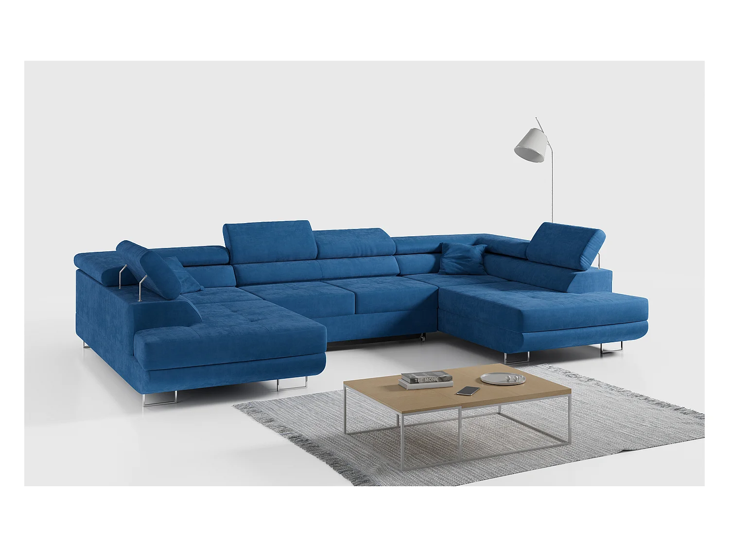 Ecksofa GUSTAW U, mit Schlaffunktion, Großes U-form ecksofa, XXL Wohnlandschaft, verstellbare Kopfstützen - Dunkelblau Velvet