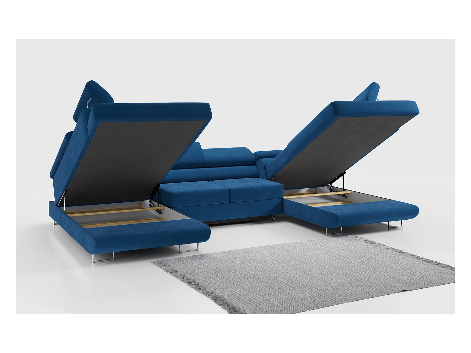 Ecksofa GUSTAW U, mit Schlaffunktion, Großes U-form ecksofa, XXL Wohnlandschaft, verstellbare Kopfstützen - Dunkelblau Velvet