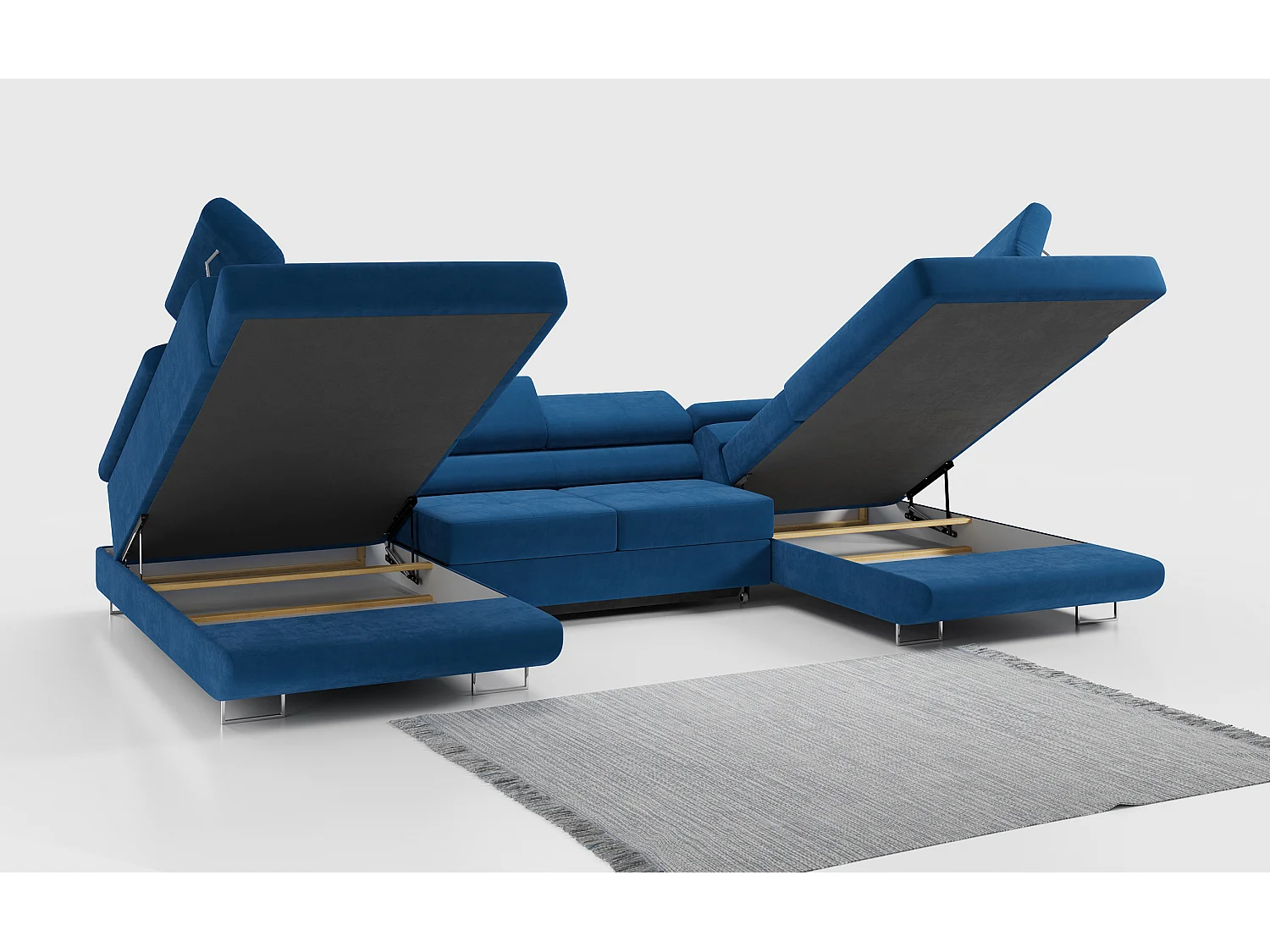 Ecksofa GUSTAW U, mit Schlaffunktion, Großes U-form ecksofa, XXL Wohnlandschaft, verstellbare Kopfstützen - Dunkelblau Velvet