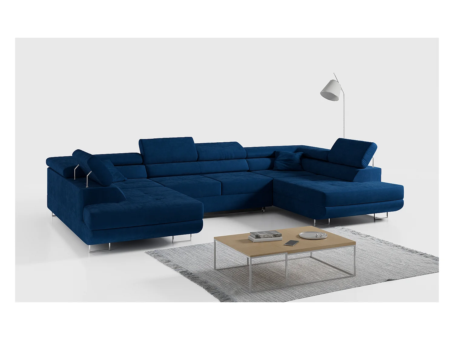 Ecksofa GUSTAW U, mit Schlaffunktion, Großes U-form ecksofa, XXL Wohnlandschaft, verstellbare Kopfstützen - Dunkelblau Velvet