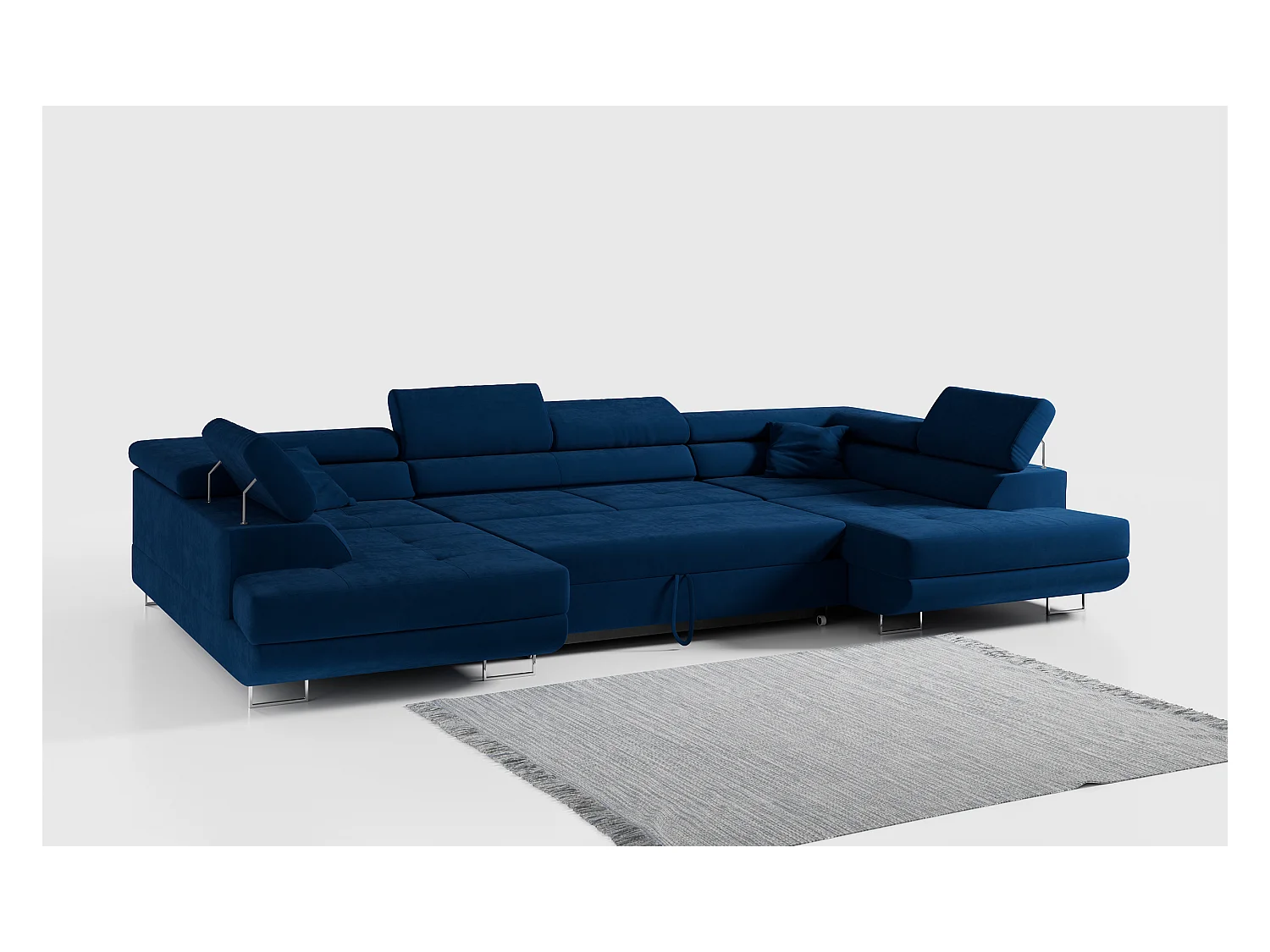 Ecksofa GUSTAW U, mit Schlaffunktion, Großes U-form ecksofa, XXL Wohnlandschaft, verstellbare Kopfstützen - Dunkelblau Velvet