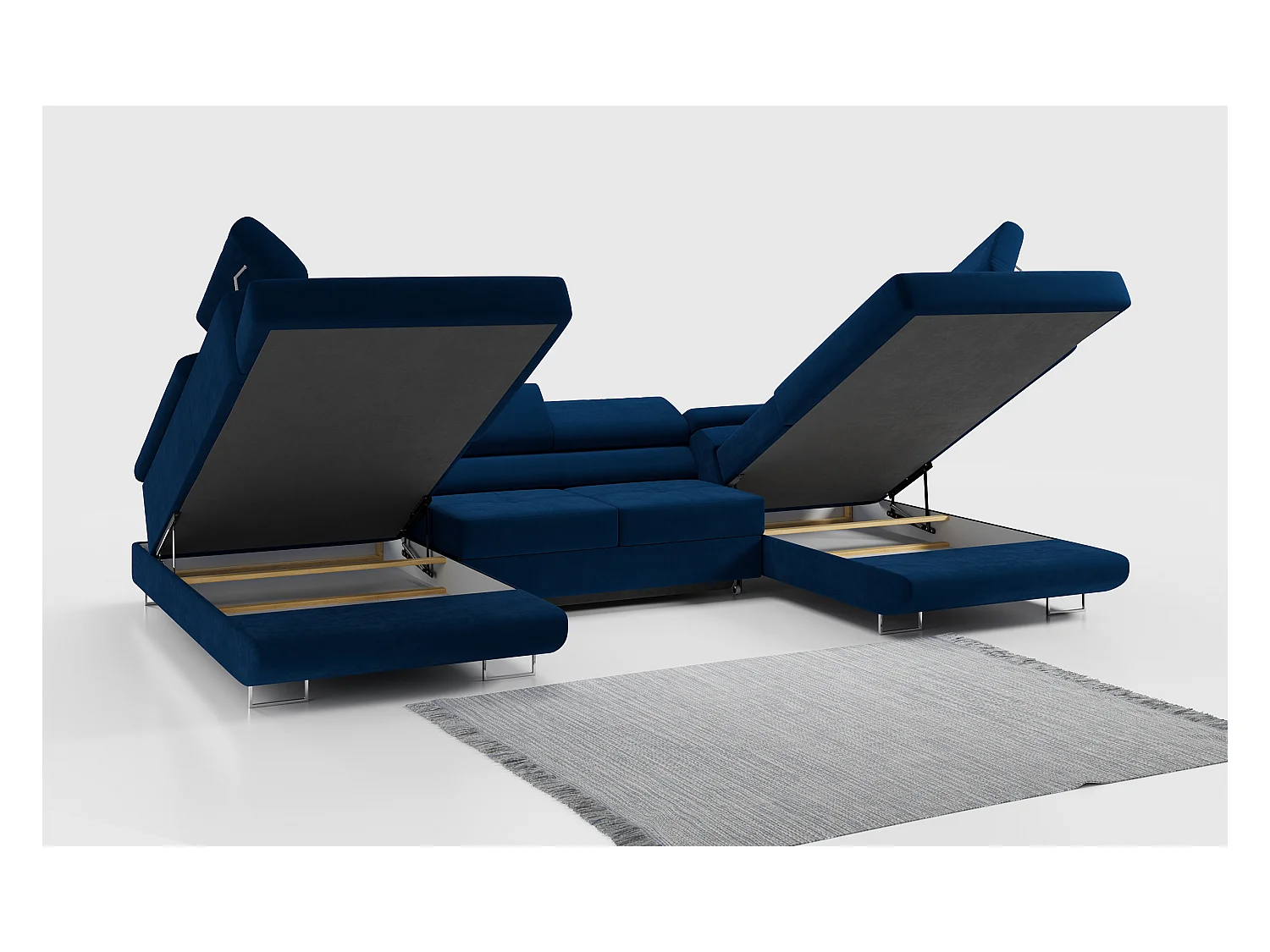 Ecksofa GUSTAW U, mit Schlaffunktion, Großes U-form ecksofa, XXL Wohnlandschaft, verstellbare Kopfstützen - Dunkelblau Velvet