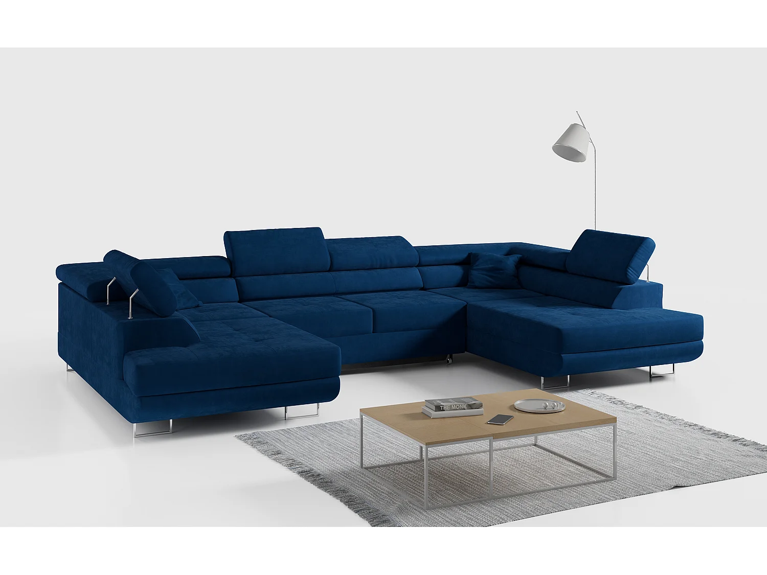 Ecksofa GUSTAW U, mit Schlaffunktion, Großes U-form ecksofa, XXL Wohnlandschaft, verstellbare Kopfstützen - Dunkelblau Velvet