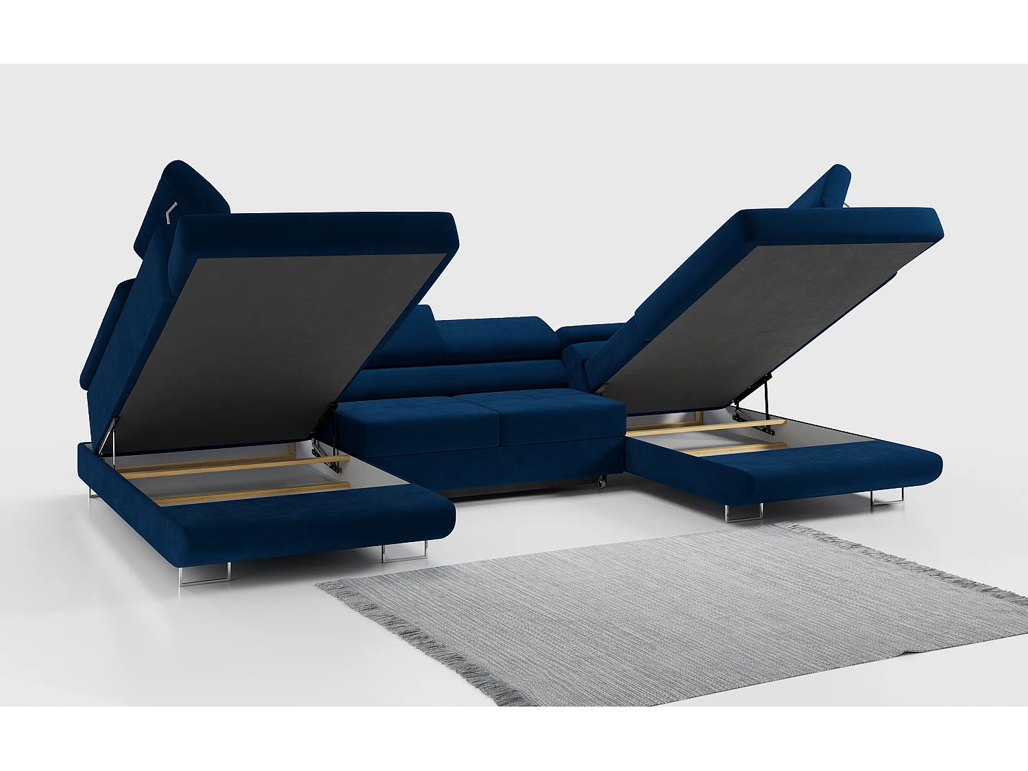 Ecksofa GUSTAW U, mit Schlaffunktion, Großes U-form ecksofa, XXL Wohnlandschaft, verstellbare Kopfstützen - Dunkelblau Velvet