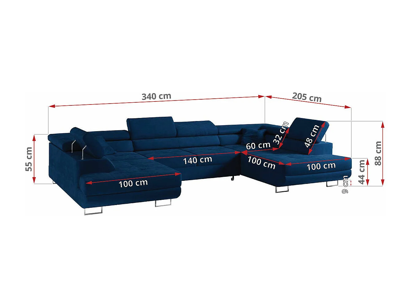 Ecksofa GUSTAW U, mit Schlaffunktion, Großes U-form ecksofa, XXL Wohnlandschaft, verstellbare Kopfstützen - Dunkelblau Velvet