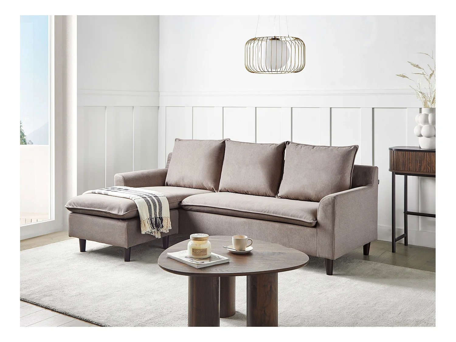 Canapé d'Angle à gauche Moderne en Tissu avec Pieds en Bois Massif Polyester Taupe Elvenes