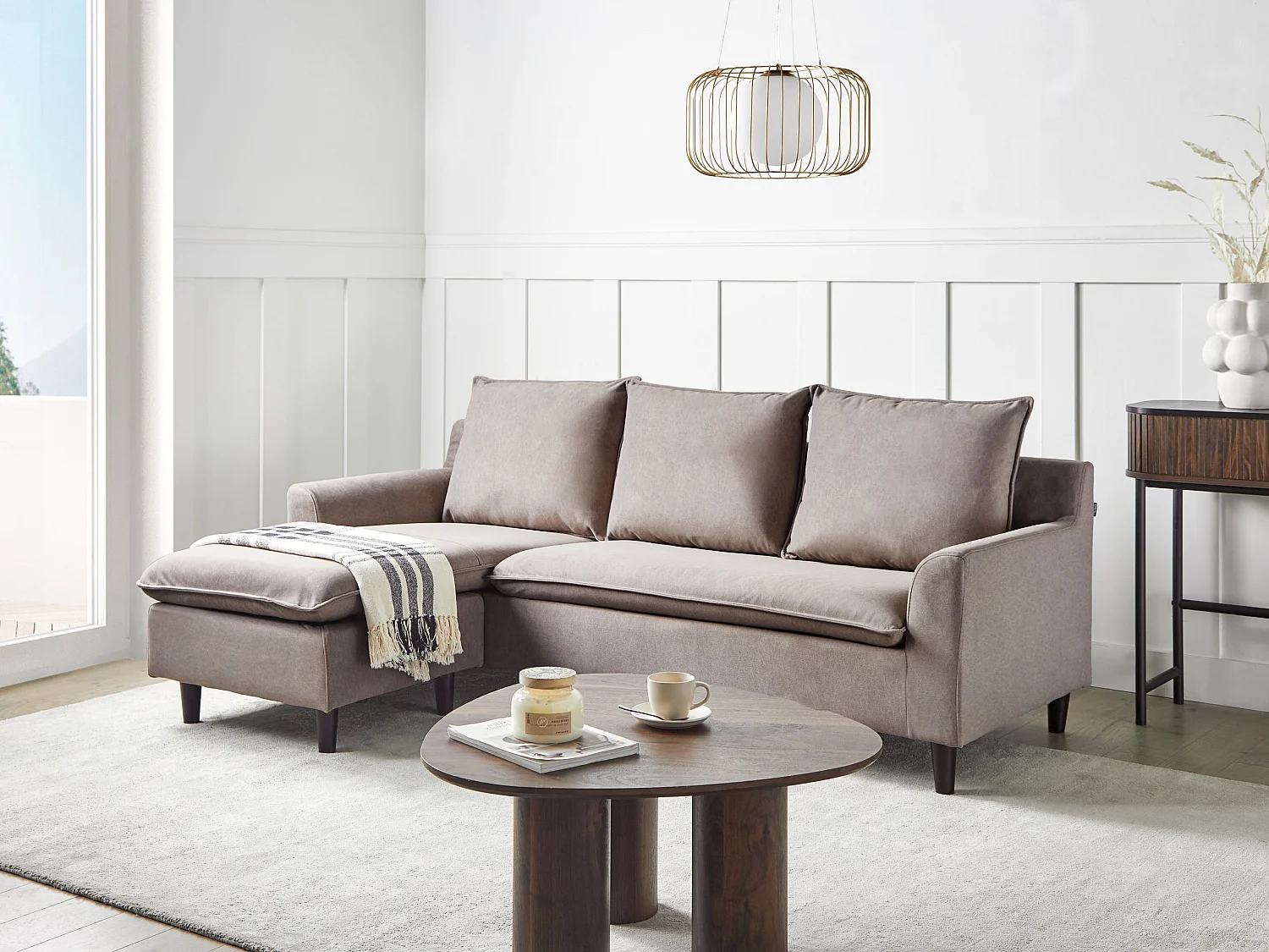 Canapé d'Angle à gauche Moderne en Tissu avec Pieds en Bois Massif Polyester Taupe Elvenes