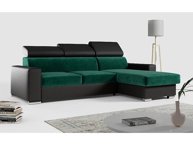 Ecksofa FOX, L-förmige Ecke, Schlaffunktion und Bettkasten, verstellbare Kopfstützen - Dunkelgrün, Schwarz - Velvet, Kunstleder