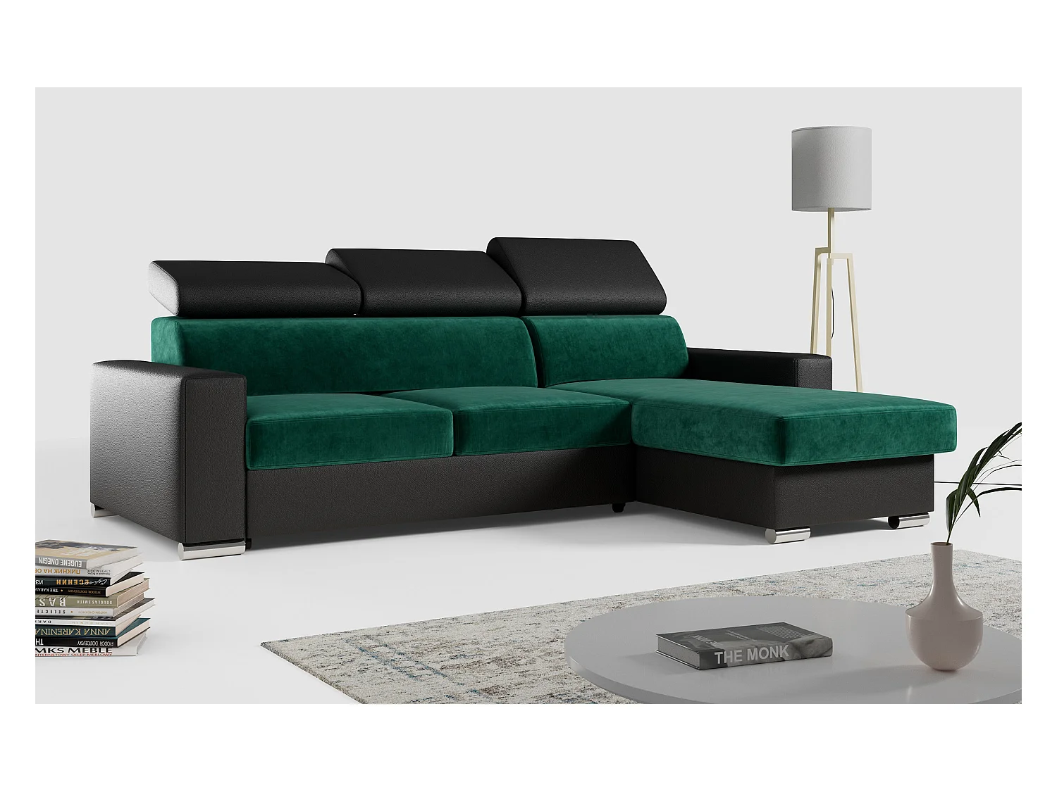 Ecksofa FOX, L-förmige Ecke, Schlaffunktion und Bettkasten, verstellbare Kopfstützen - Dunkelgrün, Schwarz - Velvet, Kunstleder