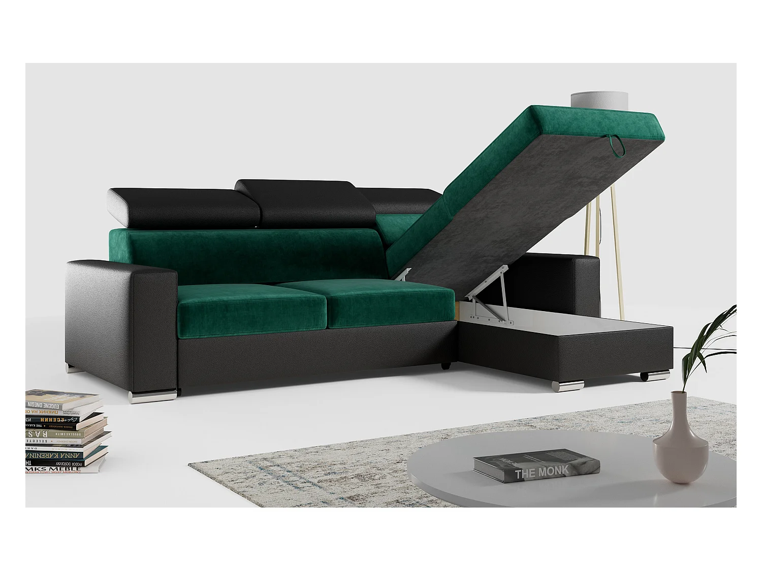 Ecksofa FOX, L-förmige Ecke, Schlaffunktion und Bettkasten, verstellbare Kopfstützen - Dunkelgrün, Schwarz - Velvet, Kunstleder