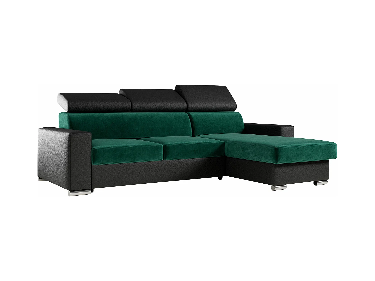 Ecksofa FOX, L-förmige Ecke, Schlaffunktion und Bettkasten, verstellbare Kopfstützen - Dunkelgrün, Schwarz - Velvet, Kunstleder