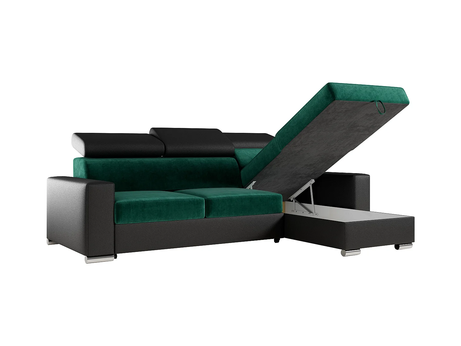 Ecksofa FOX, L-förmige Ecke, Schlaffunktion und Bettkasten, verstellbare Kopfstützen - Dunkelgrün, Schwarz - Velvet, Kunstleder