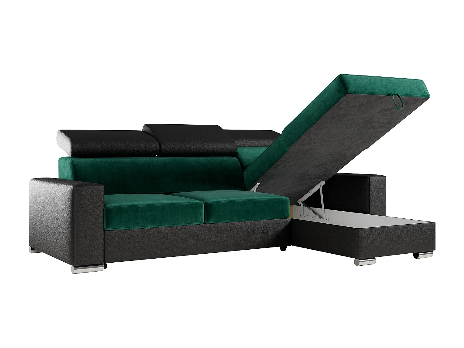 Ecksofa FOX, L-förmige Ecke, Schlaffunktion und Bettkasten, verstellbare Kopfstützen - Dunkelgrün, Schwarz - Velvet, Kunstleder