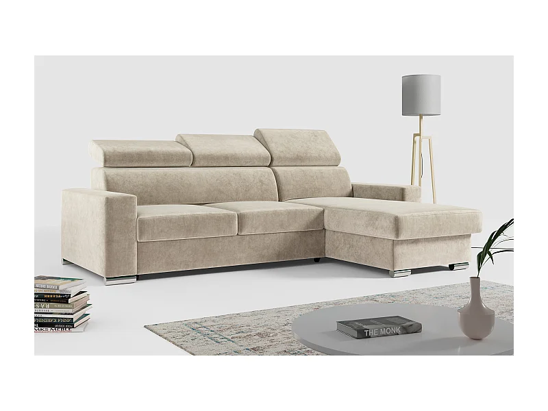 Ecksofa FOX, L-förmige Ecke, Schlaffunktion und Bettkasten, verstellbare Kopfstützen - Beige Velvet