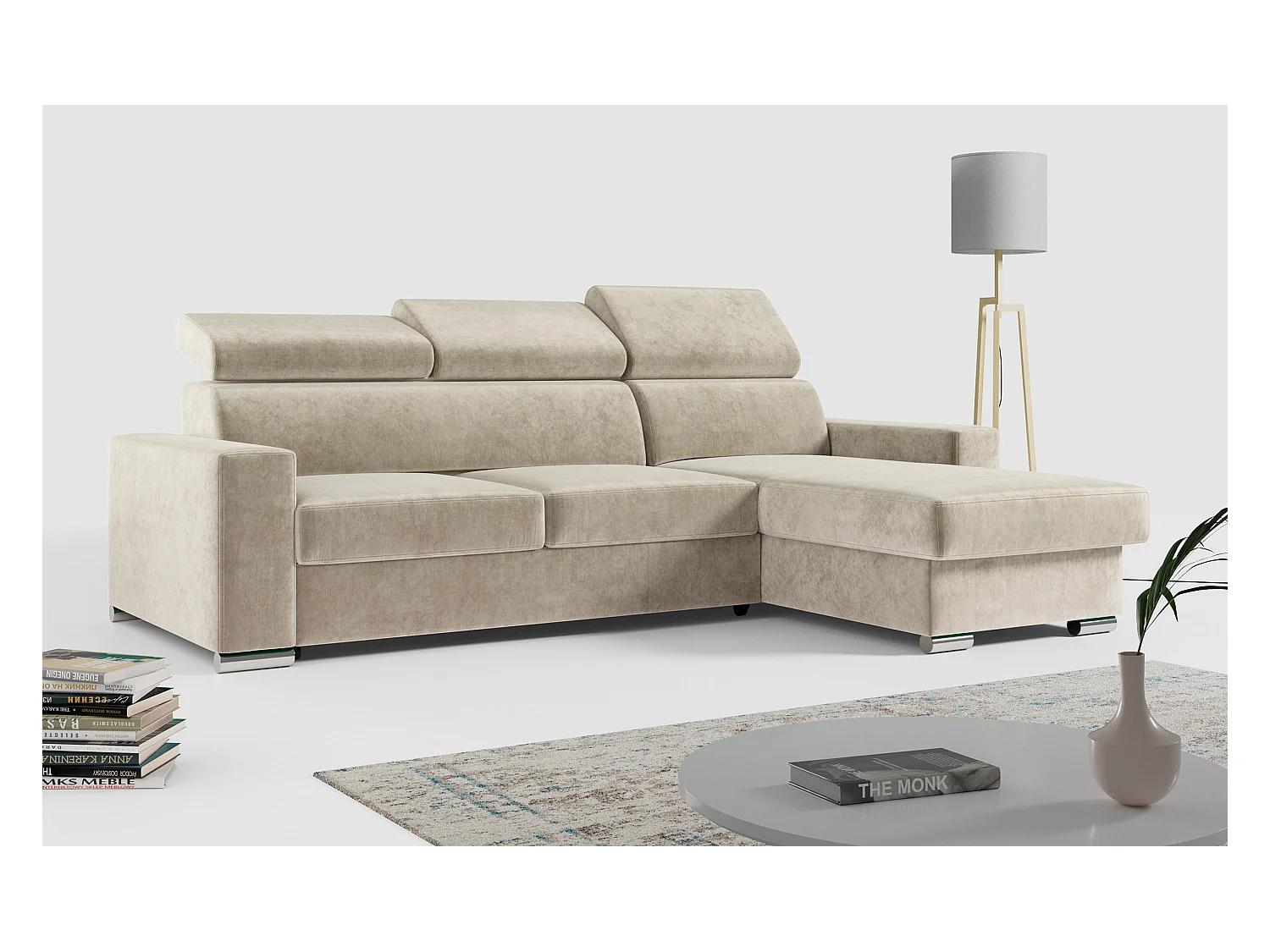 Ecksofa FOX, L-förmige Ecke, Schlaffunktion und Bettkasten, verstellbare Kopfstützen - Beige Velvet