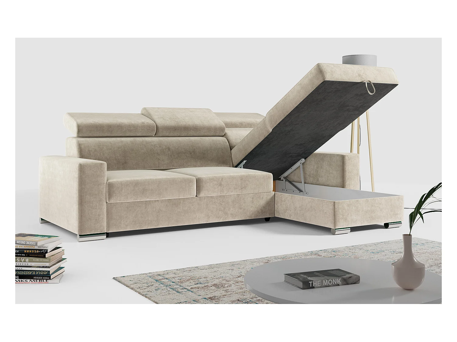 Ecksofa FOX, L-förmige Ecke, Schlaffunktion und Bettkasten, verstellbare Kopfstützen - Beige Velvet