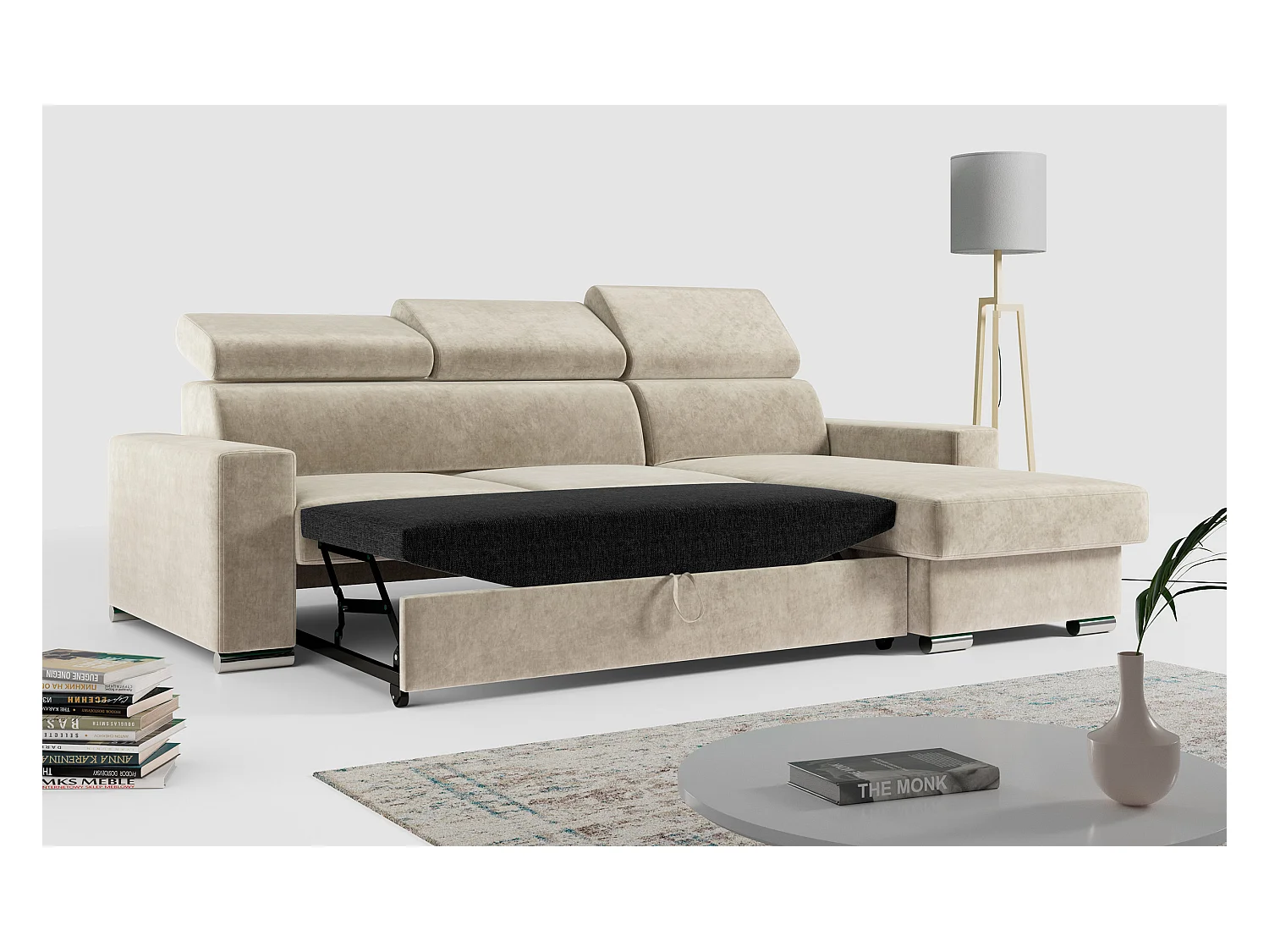 Ecksofa FOX, L-förmige Ecke, Schlaffunktion und Bettkasten, verstellbare Kopfstützen - Beige Velvet