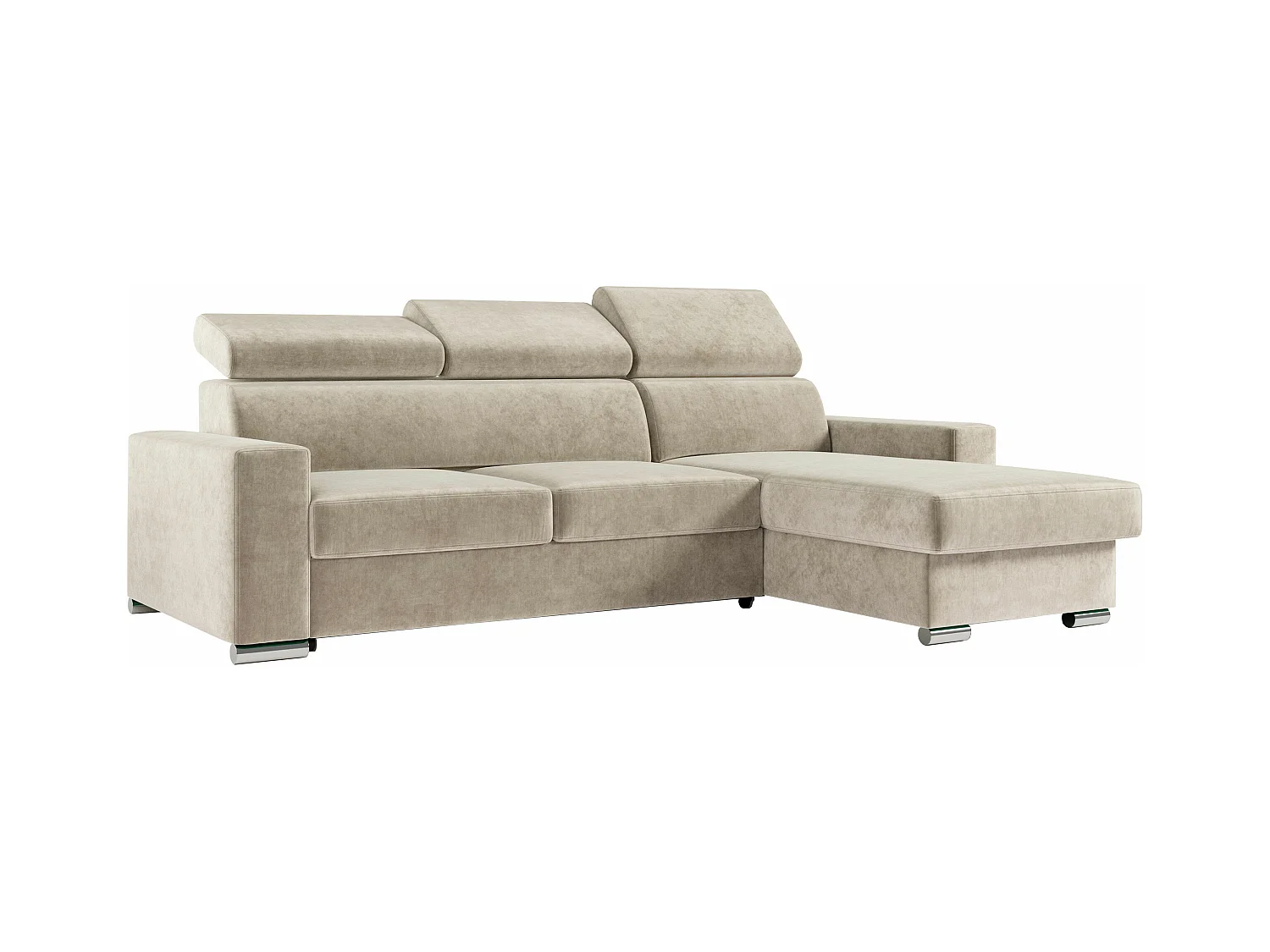 Ecksofa FOX, L-förmige Ecke, Schlaffunktion und Bettkasten, verstellbare Kopfstützen - Beige Velvet