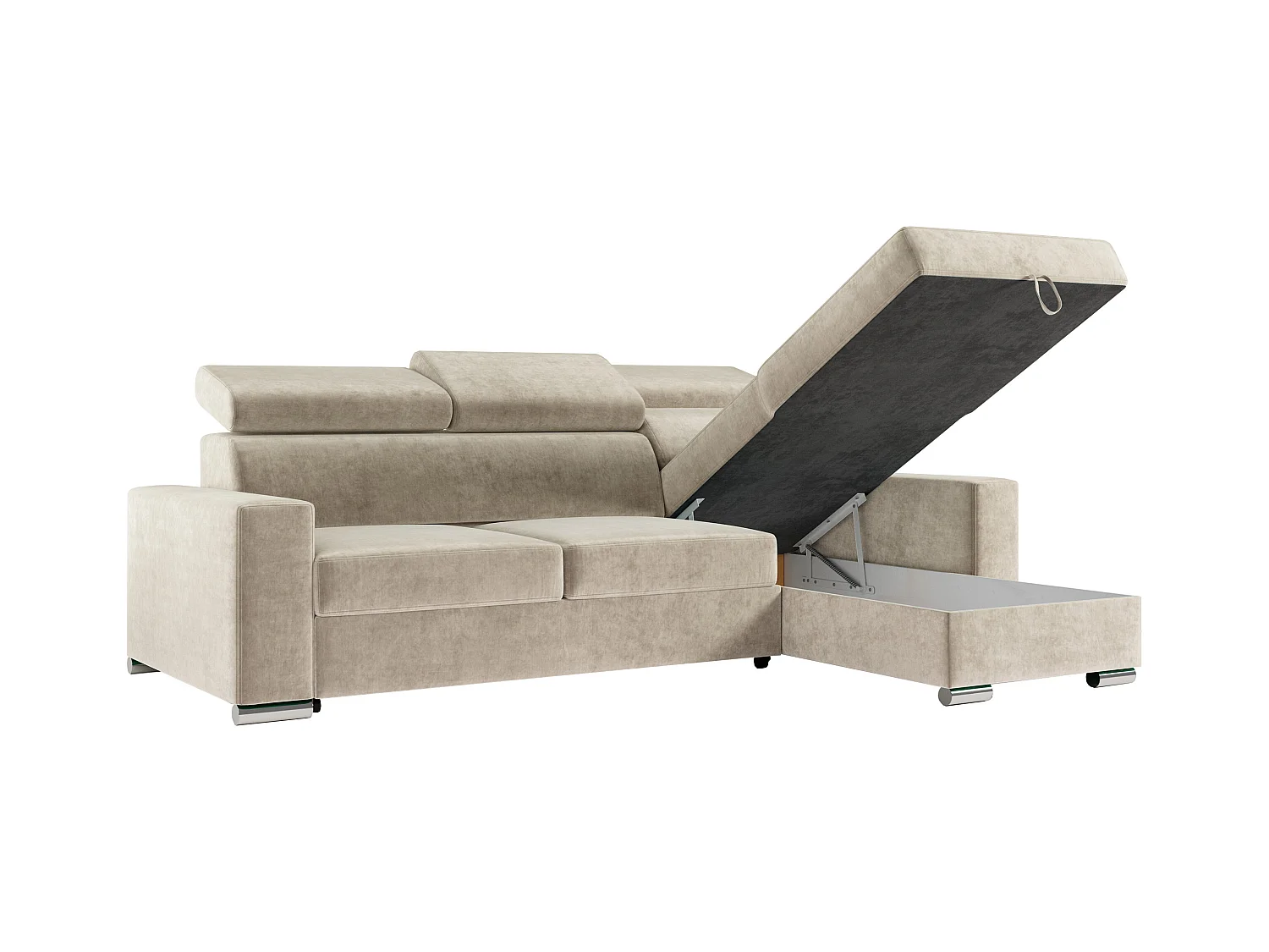 Ecksofa FOX, L-förmige Ecke, Schlaffunktion und Bettkasten, verstellbare Kopfstützen - Beige Velvet